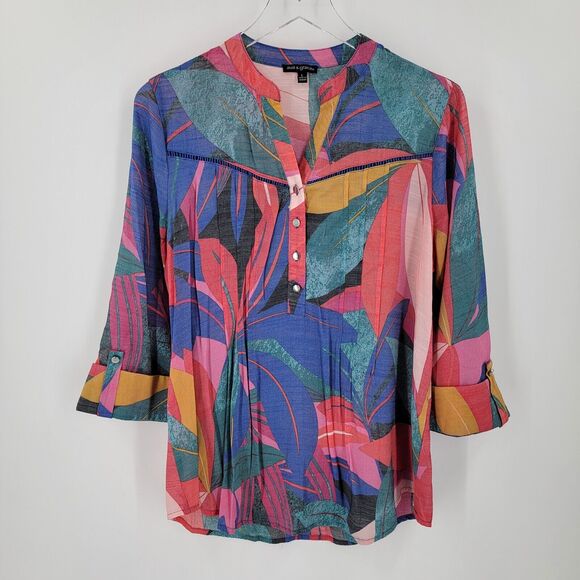 Ava & Grace Blouse Womens Large Colorful Abstract Print Popover 3/4 Sleeves - Picture 5 of 11